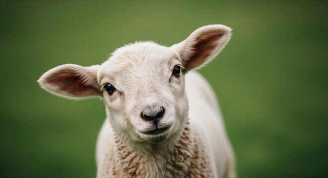 Cute Young Lamb Standing on Green Grass with Soft Focus Background in Natural Setting