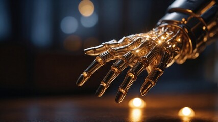 Authentic Futuristic Golden Robotic Hand Skeleton with Warm Bokeh Lights