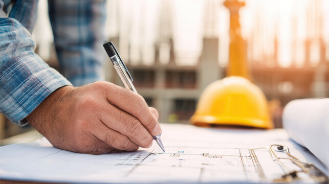 A construction worker reviews architectural blueprints with a pen, planning the next steps on a sunny day at the construction site carefully.