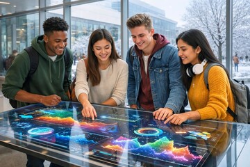Modern Diverse Students Analyzing Data on Futuristic Interactive Touch Screen Table Technology