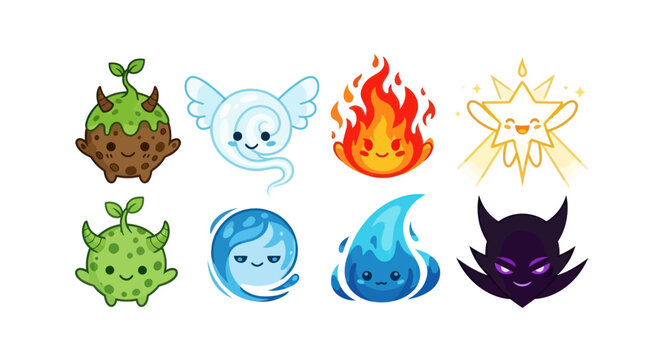 Cute elemental creatures with happy faces