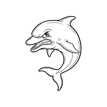 An angry dolphin jumps out of the ocean water in a dynamic illustration.