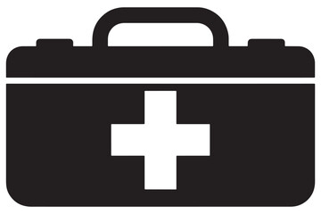 Obraz premium A black and white icon of a first aid kit with a handle and a white cross on the front.