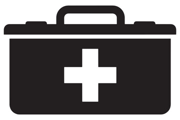 Obraz premium A black and white icon of a first aid kit with a handle and a cross on the front.
