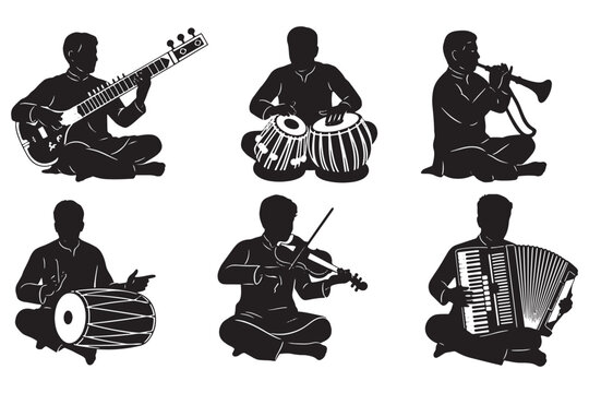 Silhouette of musicians playing various traditional Indian musical instruments on a white background