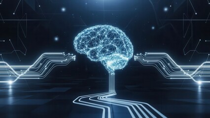 Ultra realistic artificial intelligence brain made of glowing neural networks, futuristic science concept, dark background, cinematic lighting, shallow depth of field, professional stock photo