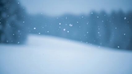 Photorealistic winter solstice snowfall over a soft snowy field, gentle floating snowflakes, cool blue tones, and a quiet tranquil atmosphere.