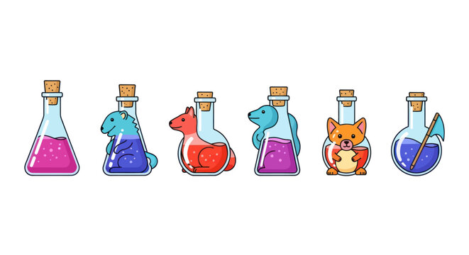 Cute animals trapped in magic potion bottles