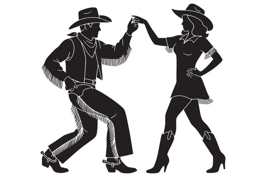 A black and white illustration of a cowboy and cowgirl dancing together in a western style
