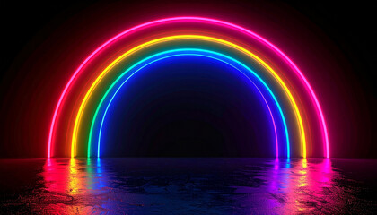 Fototapeta premium Minimalist vivid neon rainbow arch glowing against black background, clean modern design
