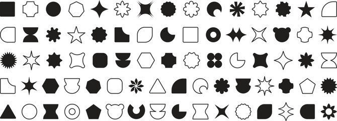 Abstract geometric shapes. Vector basic shape collection.  Collection of geometric shapes on white background. Geometric shapes, figures, stars, flower and circles. Basic brutal forms and figures set