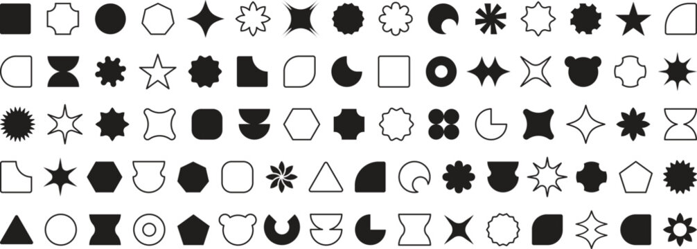 Abstract geometric shapes. Vector basic shape collection.  Collection of geometric shapes on white background. Geometric shapes, figures, stars, flower and circles. Basic brutal forms and figures set