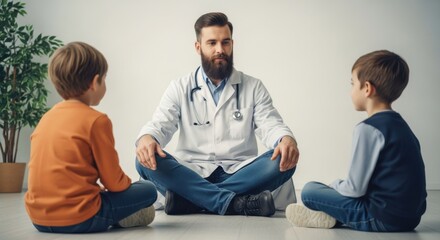 Obraz premium Pediatrician building trust by sitting cross-legged on the floor, talking to young patients about health and compassionate care.
