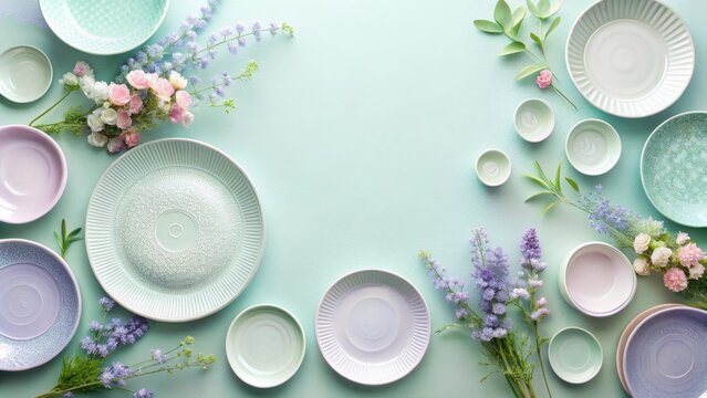 Pastel-colored ceramic tableware arranged with delicate spring blossoms and greenery on a light aqua background, creating a serene and elegant tabletop scene.