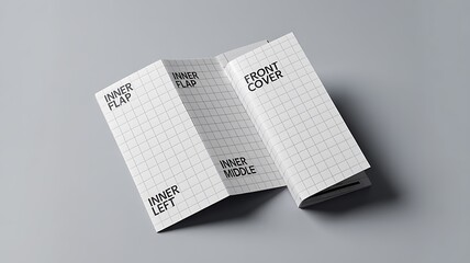 A white paper brochure mockup with a grid pattern and black text showing sections like "inner flap," "inner middle," and "front cover," displayed open on a light gray surface with soft shadows