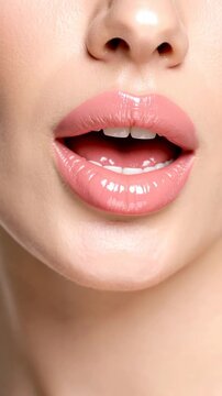 Close-up shot of a woman's face featuring glossy pink lips, fair skin, nose, and smooth complexion ideal for beauty concepts