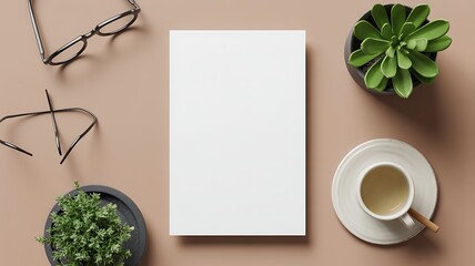 Blank white paper mockup for brand identity on brown table surrounded by coffee cup green succulents and black frame glasses in flat lay top view composition for professional business workspace setup
