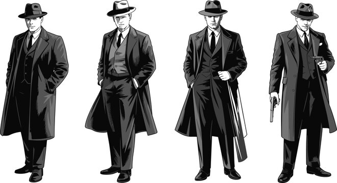 Gangster silhouettes in trench coats, fedora hats, vintage crime style, noir fashion, dramatic pose, classic attire, weapon detail, bold design