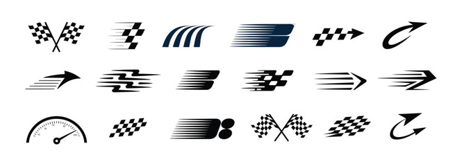 Obraz premium Collection of speed and racing icons, checkered flags, arrows, speedometer, motion blur effects, abstract sport symbols