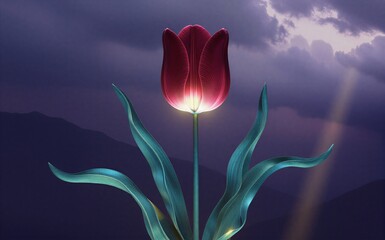 Glowing red tulip stands alone under stormy purple sky, light piercing dark clouds.