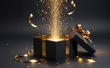 Black gift box opens, golden sparkles burst forth, festive ribbon swirls in dark setting.