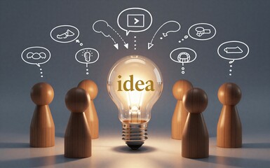 Wooden figures surround glowing light bulb labeled "idea," symbolizing collaborative innovation.