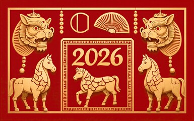 Golden horse-themed 2026 Chinese New Year design on red background.