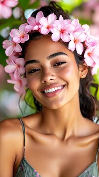 Portrait of smiling beautiful woman with dark hair wearing flower crown of pink blossoms with sunlight on tropical leaves looking at camera