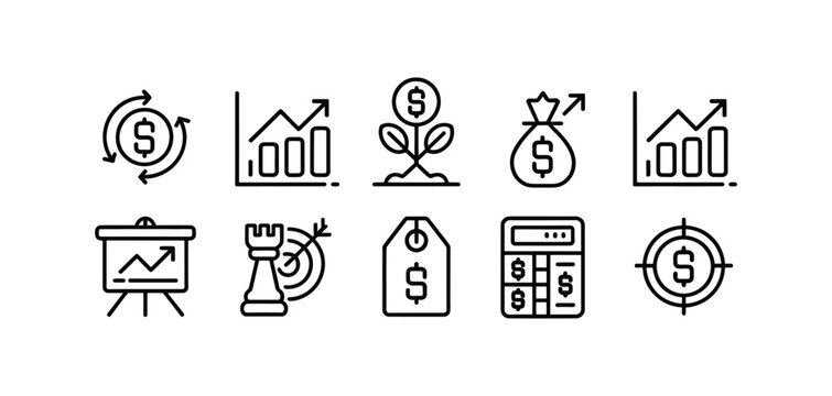Set of finance and business icons linear style showing money growth charts calculator strategy and targets