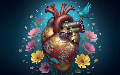 Golden heart surrounded by flowers and a blue bird, surreal medical art.