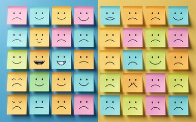 Colorful sticky notes show happy and sad faces, symbolizing emotions on two colored backgrounds.