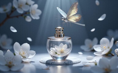 Butterfly perches on perfume bottle filled with white flowers, surrounded by petals and soft light.