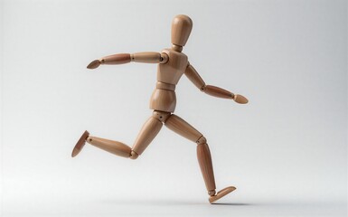 Wooden mannequin in dynamic running pose against minimalist white background.