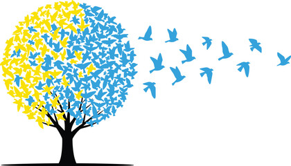 Abstract tree with flying birds symbolizing freedom and transformation, colorful nature art concept illustration isolated on white background vector design