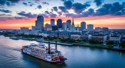 New Orleans Skyline at Sunset: Iconic Cityscape with Paddle Steamer on the Mississippi River.