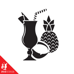 Pi&ntilde;a Colada cocktail with coconut and pineapple fruit vector icon. Tropical cocktails symbol.