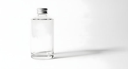 Clear bottle with metal cap filled with transparent liquid, casting a shadow on a white background