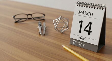 March 14 Pi Day highlighted on a desk calendar with a pencil and mathematical instruments, illustrating a science education concept.