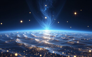 Starlit ocean waves glow under cosmic lights, blue horizon meets twinkling stars above.