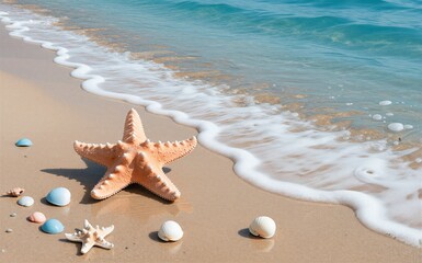 Starfish and seashells on sandy beach as gentle waves roll in, sunlit coastal scene.