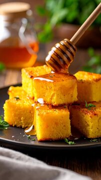 Honey drizzled onto golden cornbread squares served on a dark plate with fresh mint garnish on a rustic wood surface
