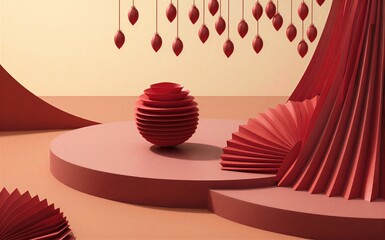 Red geometric sculptures on minimalist stage, hanging ornaments above.