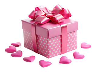 Pink gift box with white hearts and bow surrounded by pink hearts