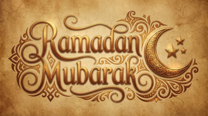 Golden Ramadan Mubarak Vector Illustration With Crescent Moon And Stars On Parchment Background For Islamic Greeting Cards