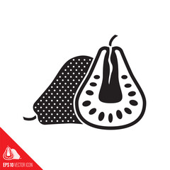 Jackfruit vector glyph icon. Tropical fruit symbol. Whole fruit and cross-section.