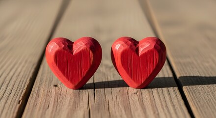 Two red wooden hearts on a rustic wooden surface, symbolizing love and togetherness