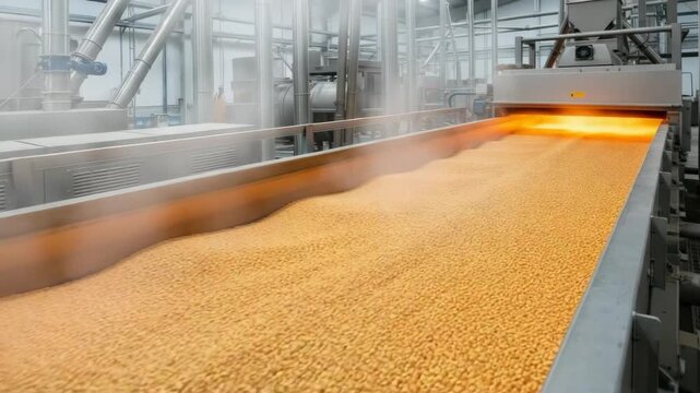 Corn moves along a conveyor system in a facility. Heat and steam are applied, changing the texture of the corn. This process prepares corn for further stages in production