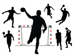 Handball Player Throwing Ball with Goal and Team Action Silhouettes