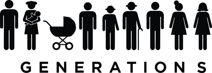 Generations silhouettes showing people life stages from newborn to elderly, family age progression concept isolated on white background vector illustration