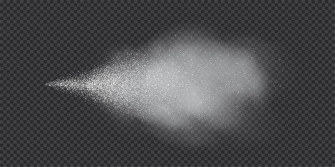 Naklejka premium Spray splatter texture background. White droplets spreading outward into dispersed dots with smoke cloud on transparent backdrop. Dynamic aerosol flow. Minimal abstract vector illustration.